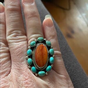 Turquoise and coral Oval Statement Ring Native American